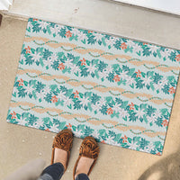 Monstera Tiare Plumeria Lei Pattern Rubber Doormat Teal Version