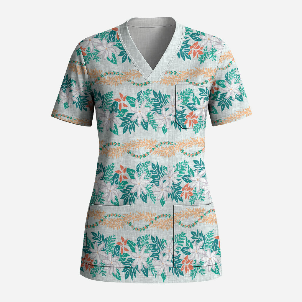 Monstera Tiare Plumeria Lei Pattern Scrub Top Teal Version LT01 Adult Teal - Polynesian Pride