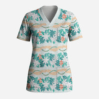 Monstera Tiare Plumeria Lei Pattern Scrub Top Teal Version LT01 Adult Teal - Polynesian Pride