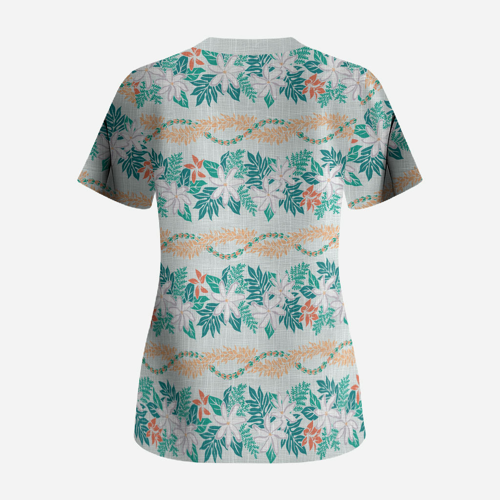Monstera Tiare Plumeria Lei Pattern Scrub Top Teal Version LT01 - Polynesian Pride