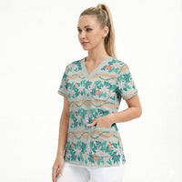 Monstera Tiare Plumeria Lei Pattern Scrub Top Teal Version LT01 - Polynesian Pride