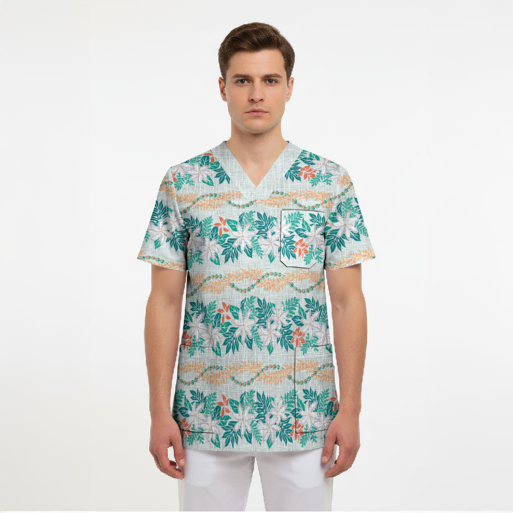 Monstera Tiare Plumeria Lei Pattern Scrub Top Teal Version LT01 - Polynesian Pride