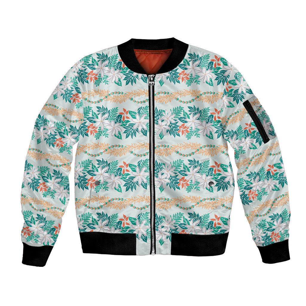 Monstera Tiare Plumeria Lei Pattern Sleeve Zip Bomber Jacket Teal Version