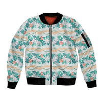 Monstera Tiare Plumeria Lei Pattern Sleeve Zip Bomber Jacket Teal Version