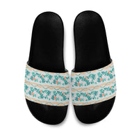 Monstera Tiare Plumeria Lei Pattern Slide Sandals Teal Version
