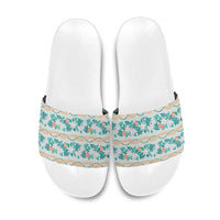 Monstera Tiare Plumeria Lei Pattern Slide Sandals Teal Version
