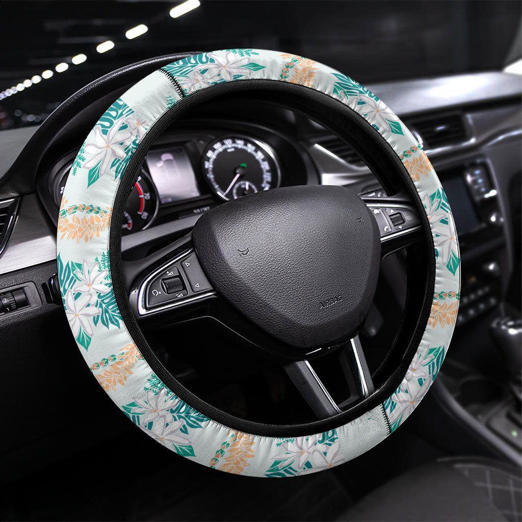 Monstera Tiare Plumeria Lei Pattern Steering Wheel Cover Teal Version