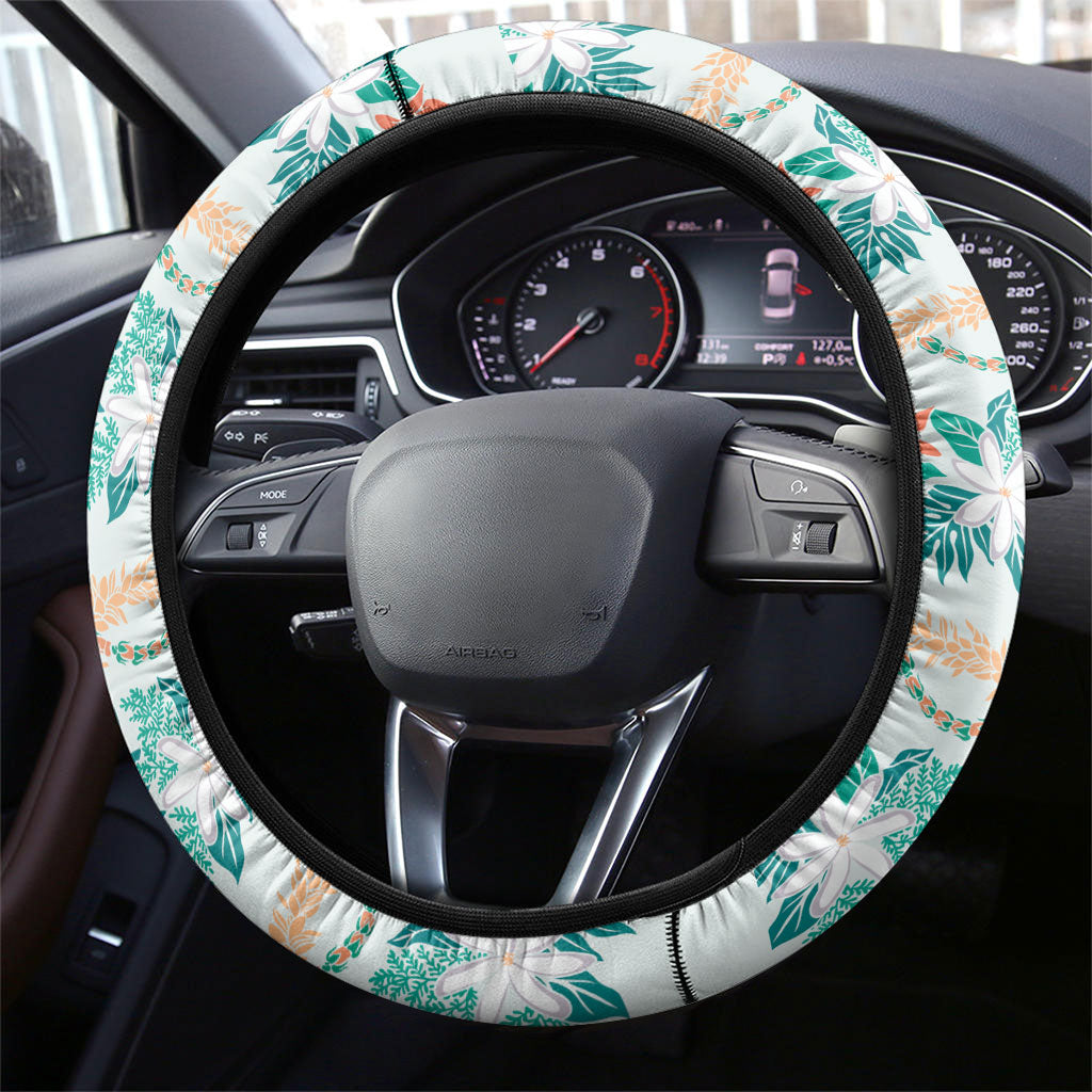 Monstera Tiare Plumeria Lei Pattern Steering Wheel Cover Teal Version