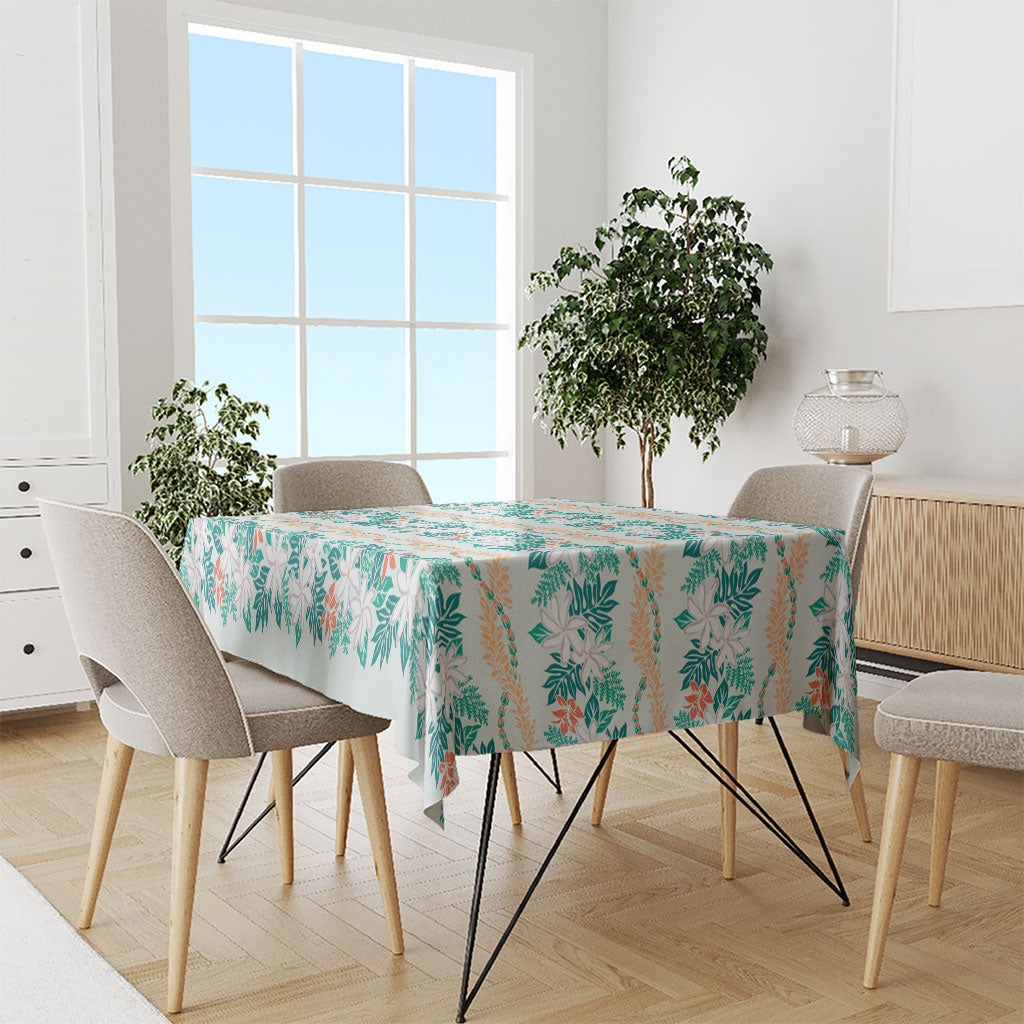 Monstera Tiare Plumeria Lei Pattern Tablecloth Teal Version LT01 - Polynesian Pride