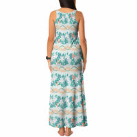 Monstera Tiare Plumeria Lei Pattern Tank Maxi Dress Teal Version