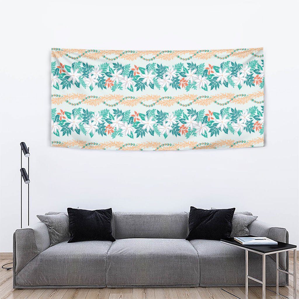 Monstera Tiare Plumeria Lei Pattern Tapestry Teal Version