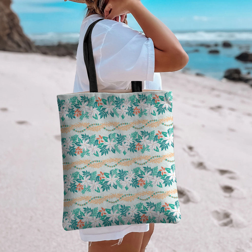 Monstera Tiare Plumeria Lei Pattern Tote Bag Teal Version LT01 - Polynesian Pride