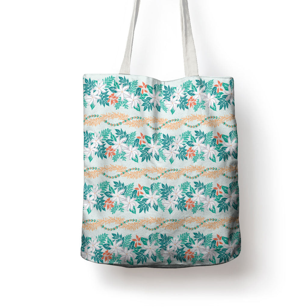 Monstera Tiare Plumeria Lei Pattern Tote Bag Teal Version LT01 - Polynesian Pride
