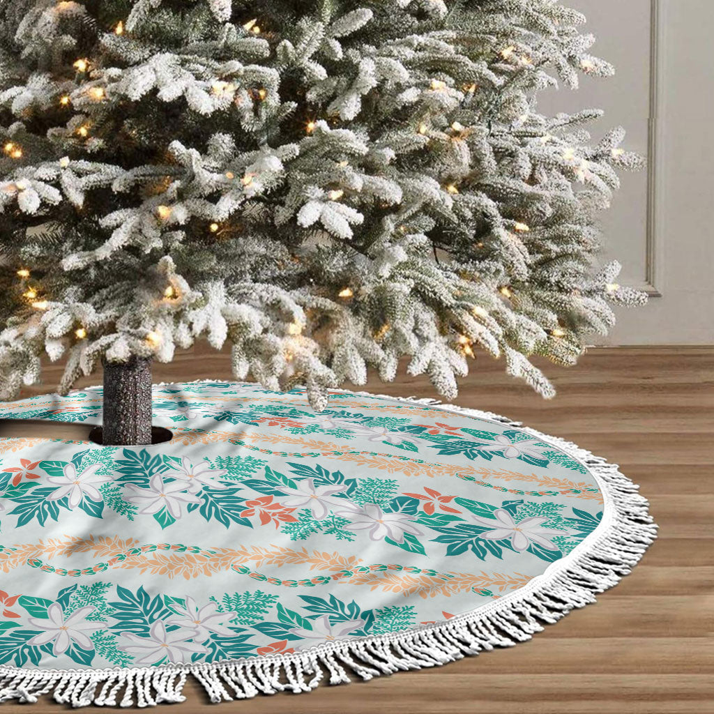 Monstera Tiare Plumeria Lei Pattern Tree Skirt Teal Version LT01 - Polynesian Pride