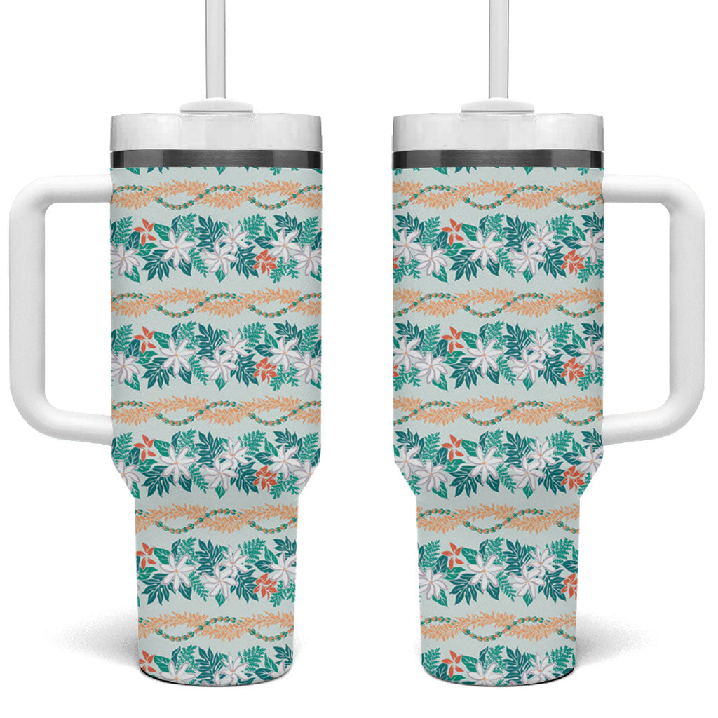 Monstera Tiare Plumeria Lei Pattern Tumbler With Handle Teal Version