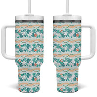 Monstera Tiare Plumeria Lei Pattern Tumbler With Handle Teal Version