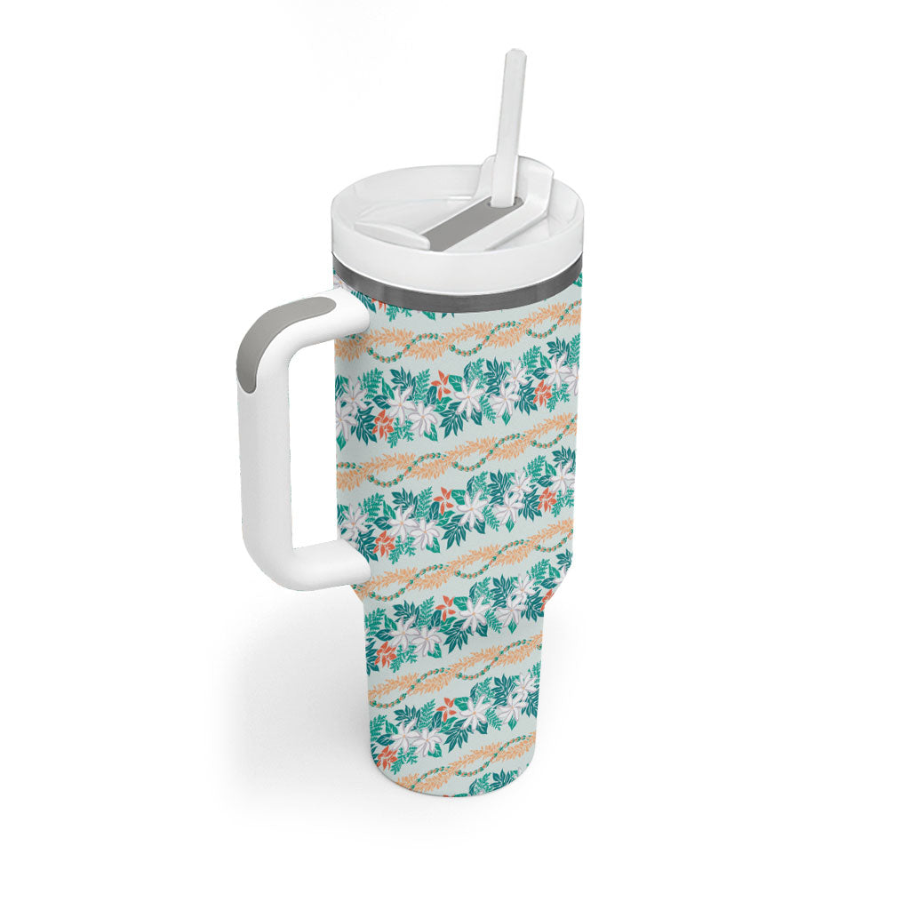 Monstera Tiare Plumeria Lei Pattern Tumbler With Handle Teal Version