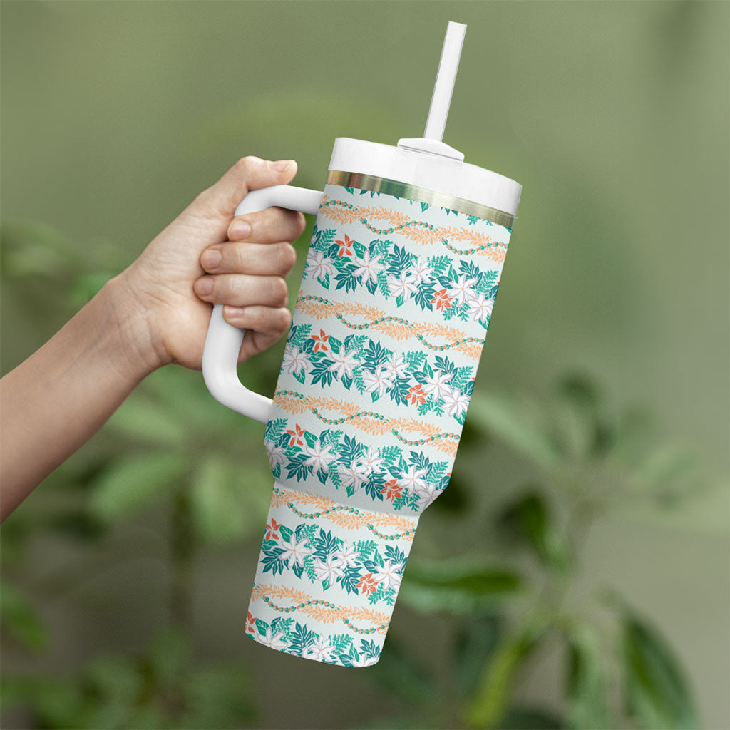 Monstera Tiare Plumeria Lei Pattern Tumbler With Handle Teal Version