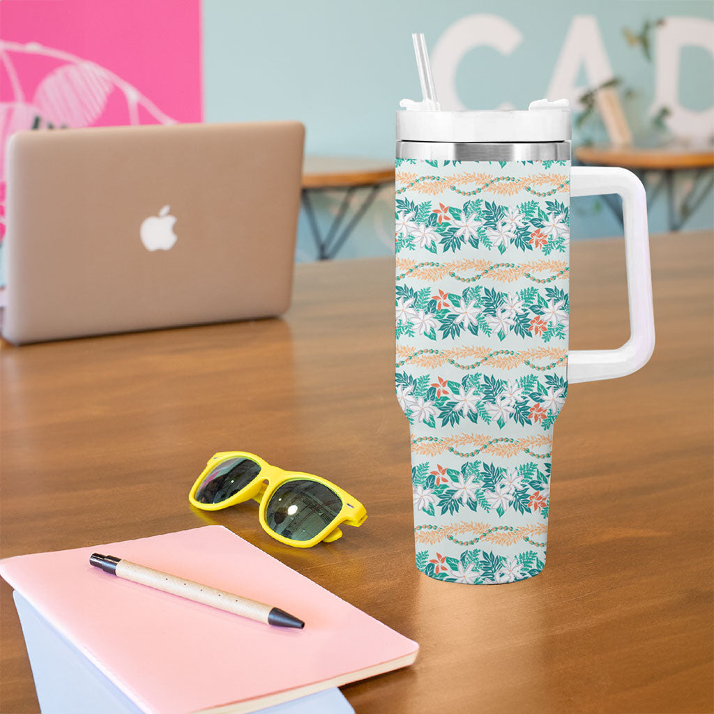 Monstera Tiare Plumeria Lei Pattern Tumbler With Handle Teal Version