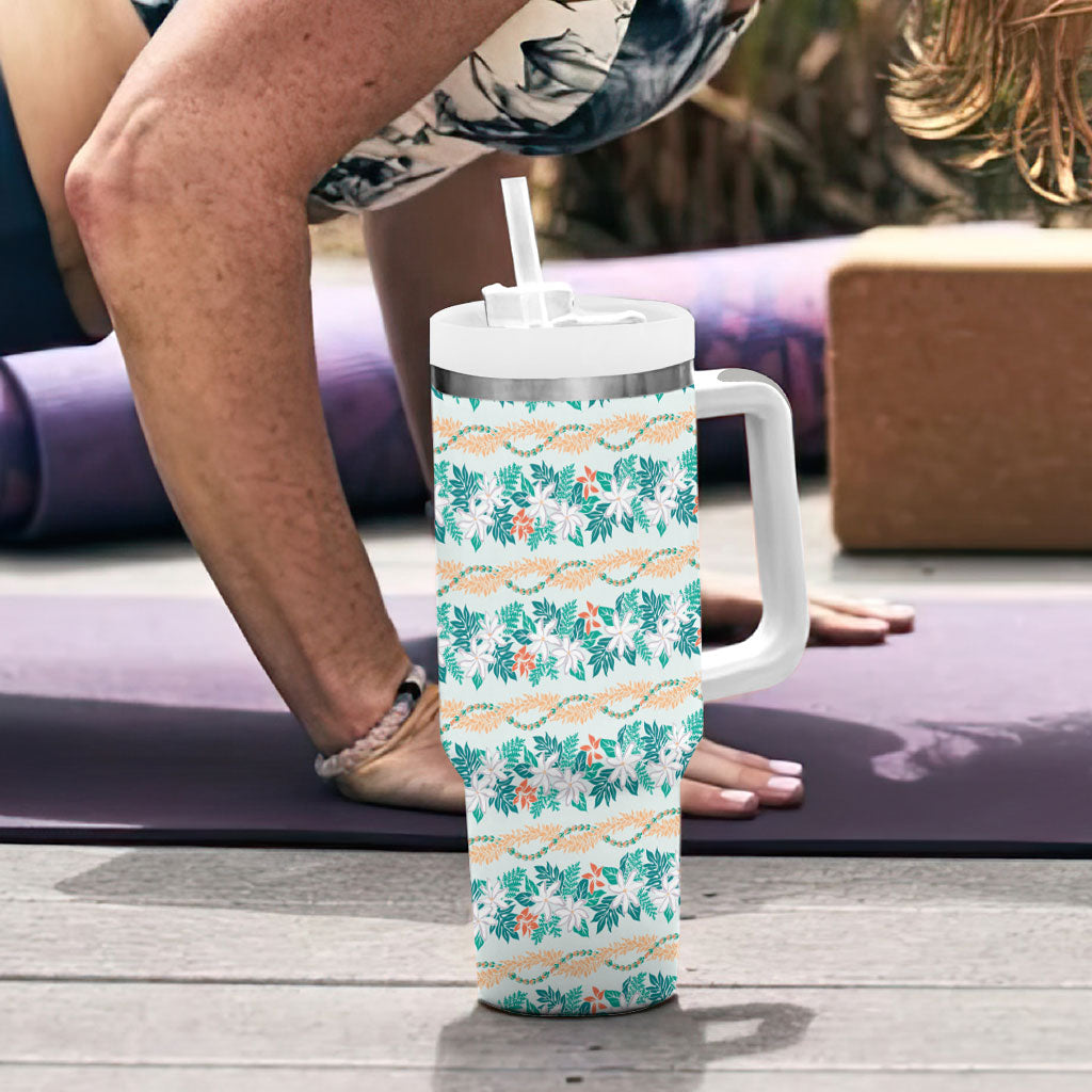 Monstera Tiare Plumeria Lei Pattern Tumbler With Handle Teal Version
