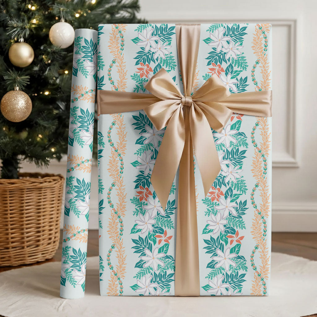Monstera Tiare Plumeria Lei Pattern Wrapping Paper Teal Version