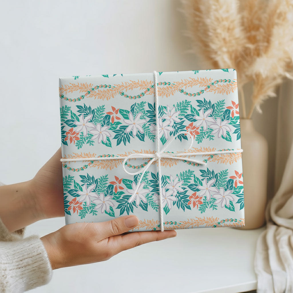 Monstera Tiare Plumeria Lei Pattern Wrapping Paper Teal Version