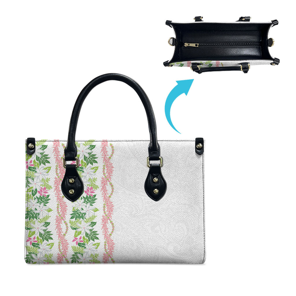 Monstera Tiare Plumeria Leather Bag Green Polynesian Pattern LT01 - Polynesian Pride