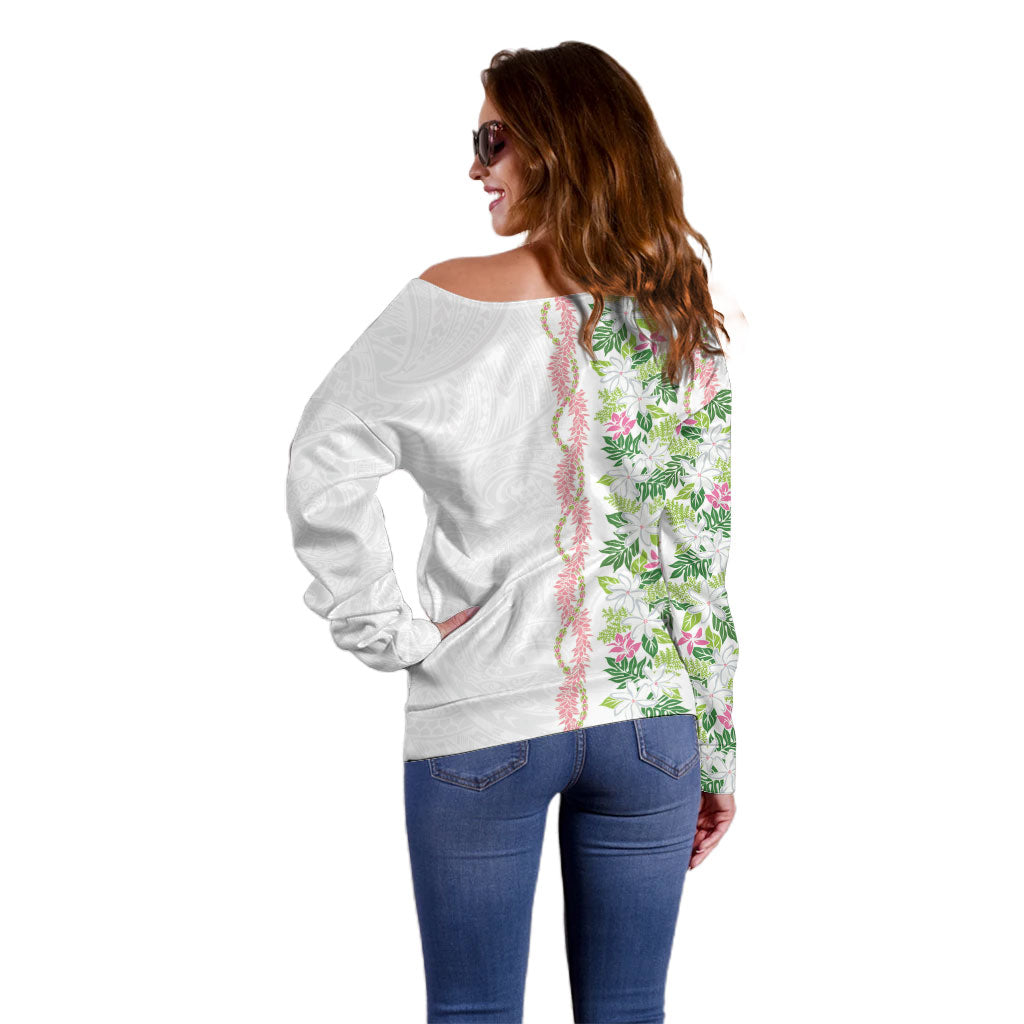 Monstera Tiare Plumeria Off Shoulder Sweater Green Polynesian Pattern LT01 - Polynesian Pride
