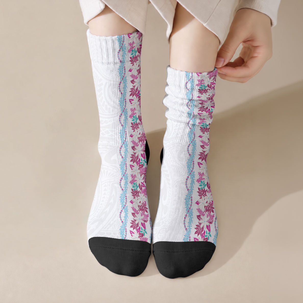 Monstera Tiare Plumeria Crew Socks Pink Polynesian Pattern