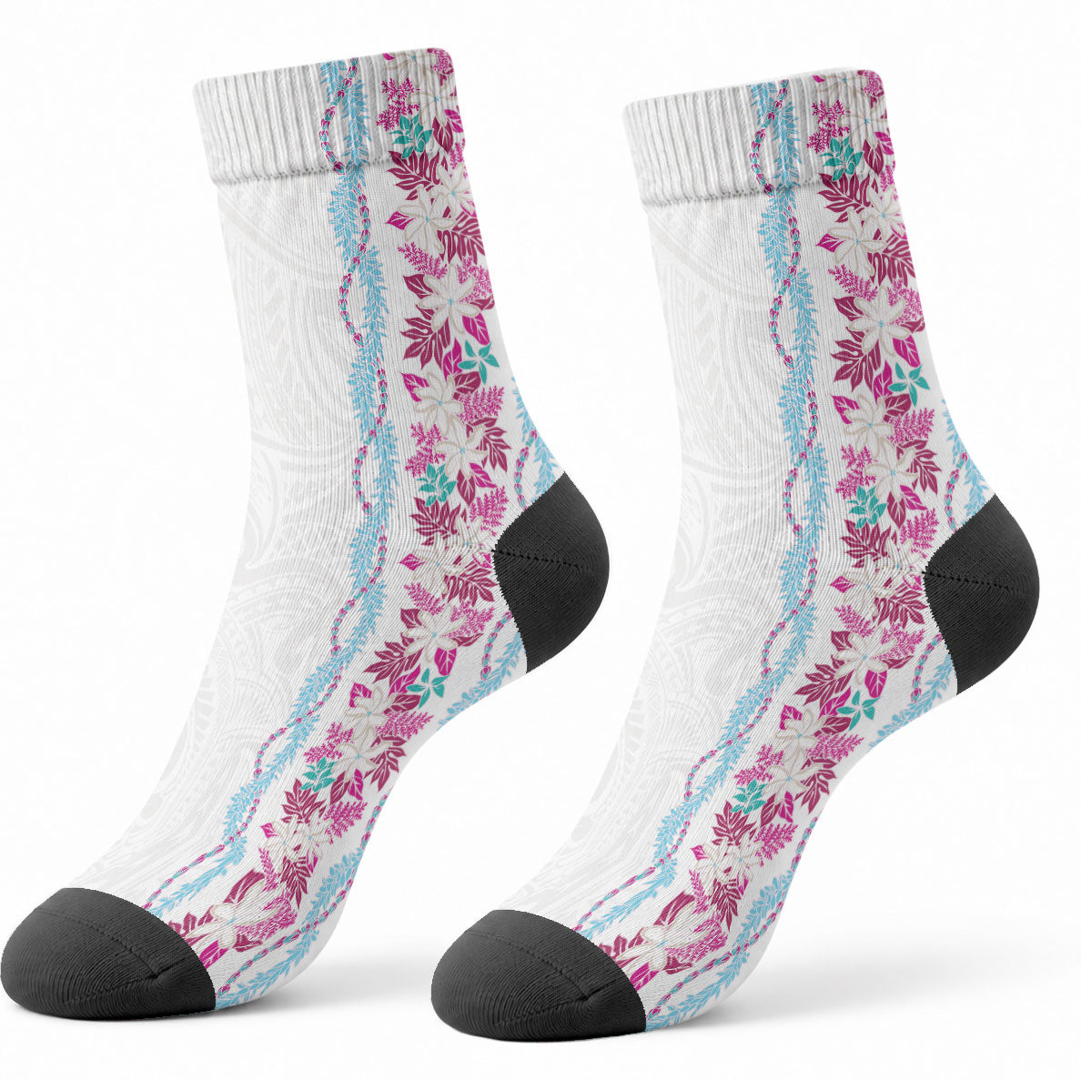 Monstera Tiare Plumeria Crew Socks Pink Polynesian Pattern