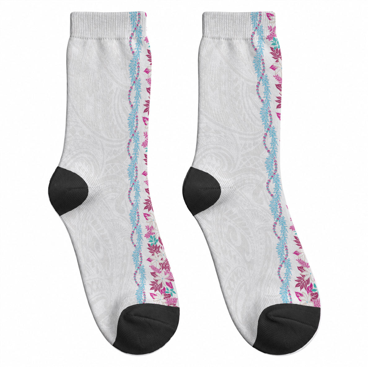 Monstera Tiare Plumeria Crew Socks Pink Polynesian Pattern