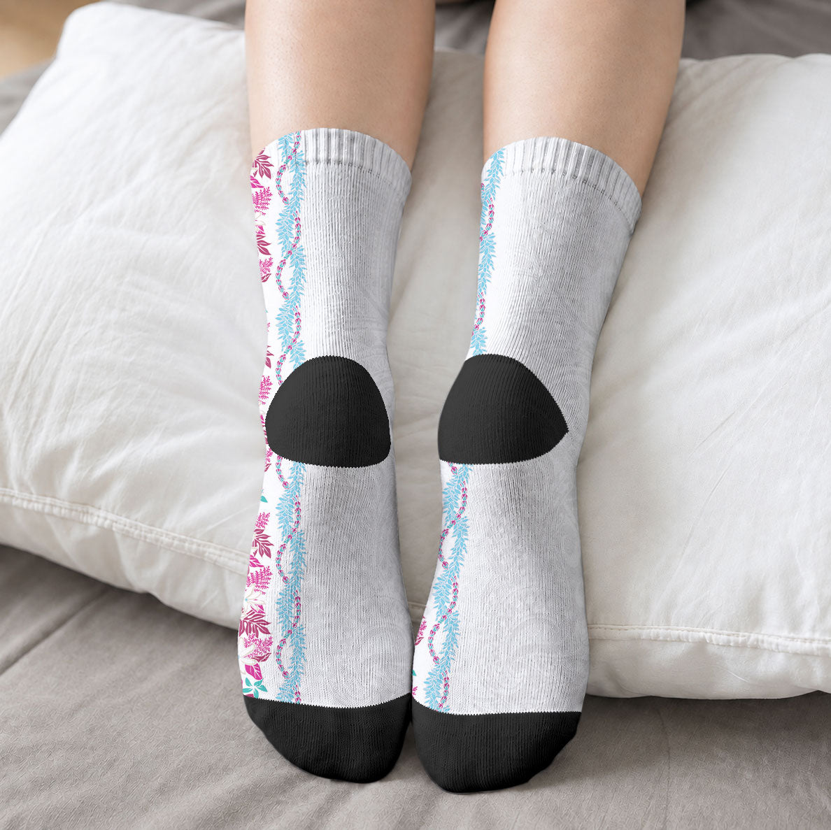 Monstera Tiare Plumeria Crew Socks Pink Polynesian Pattern