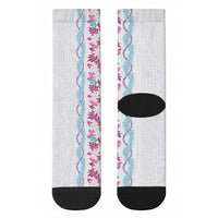 Monstera Tiare Plumeria Crew Socks Pink Polynesian Pattern