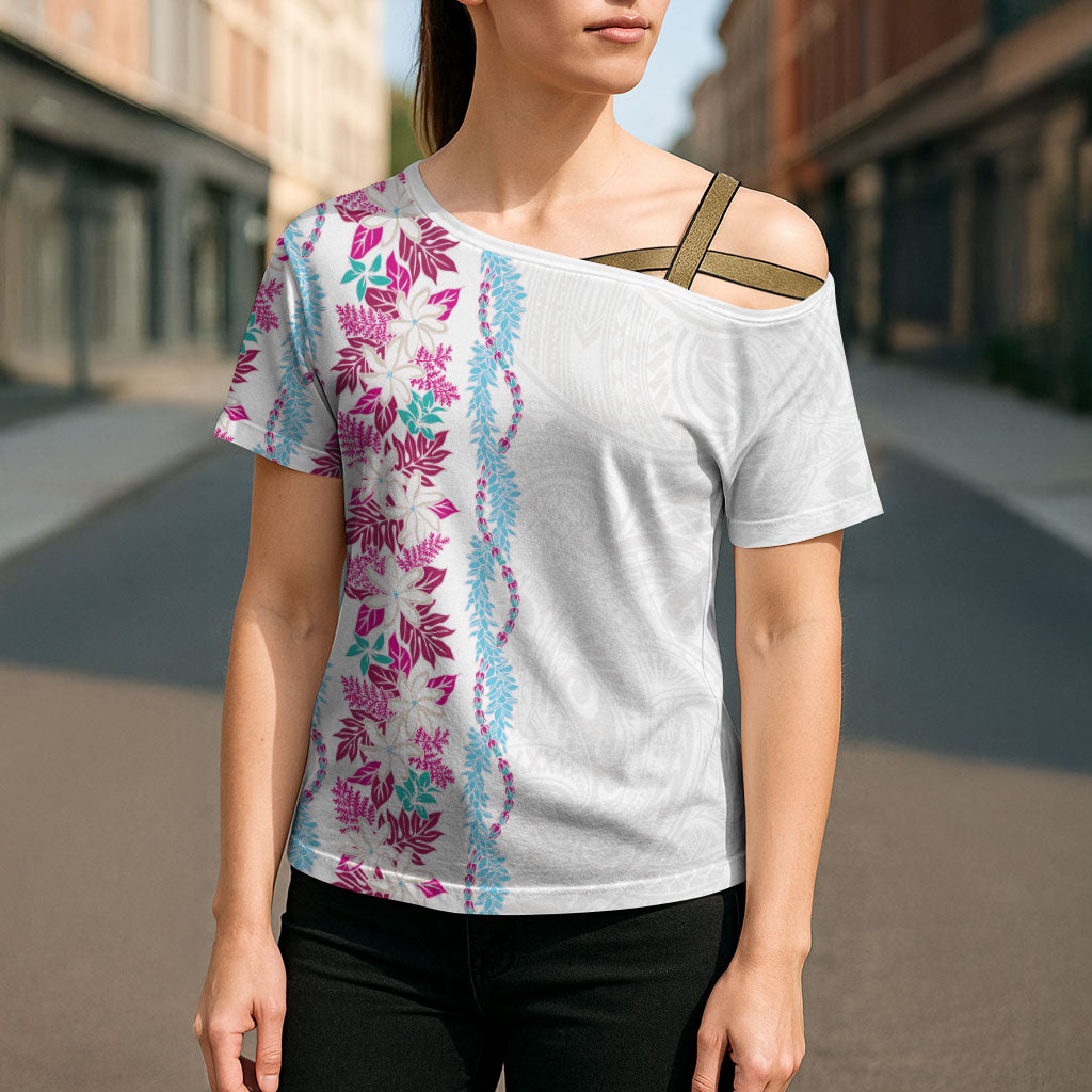 Monstera Tiare Plumeria Cross Shoulder Shirt Pink Polynesian Pattern LT01 - Polynesian Pride