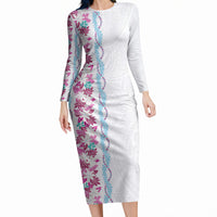 Monstera Tiare Plumeria Long Sleeve Bodycon Dress Pink Polynesian Pattern LT01 Long Dress Pink - Polynesian Pride