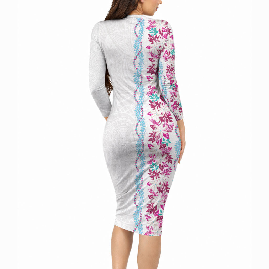 Monstera Tiare Plumeria Long Sleeve Bodycon Dress Pink Polynesian Pattern LT01 - Polynesian Pride