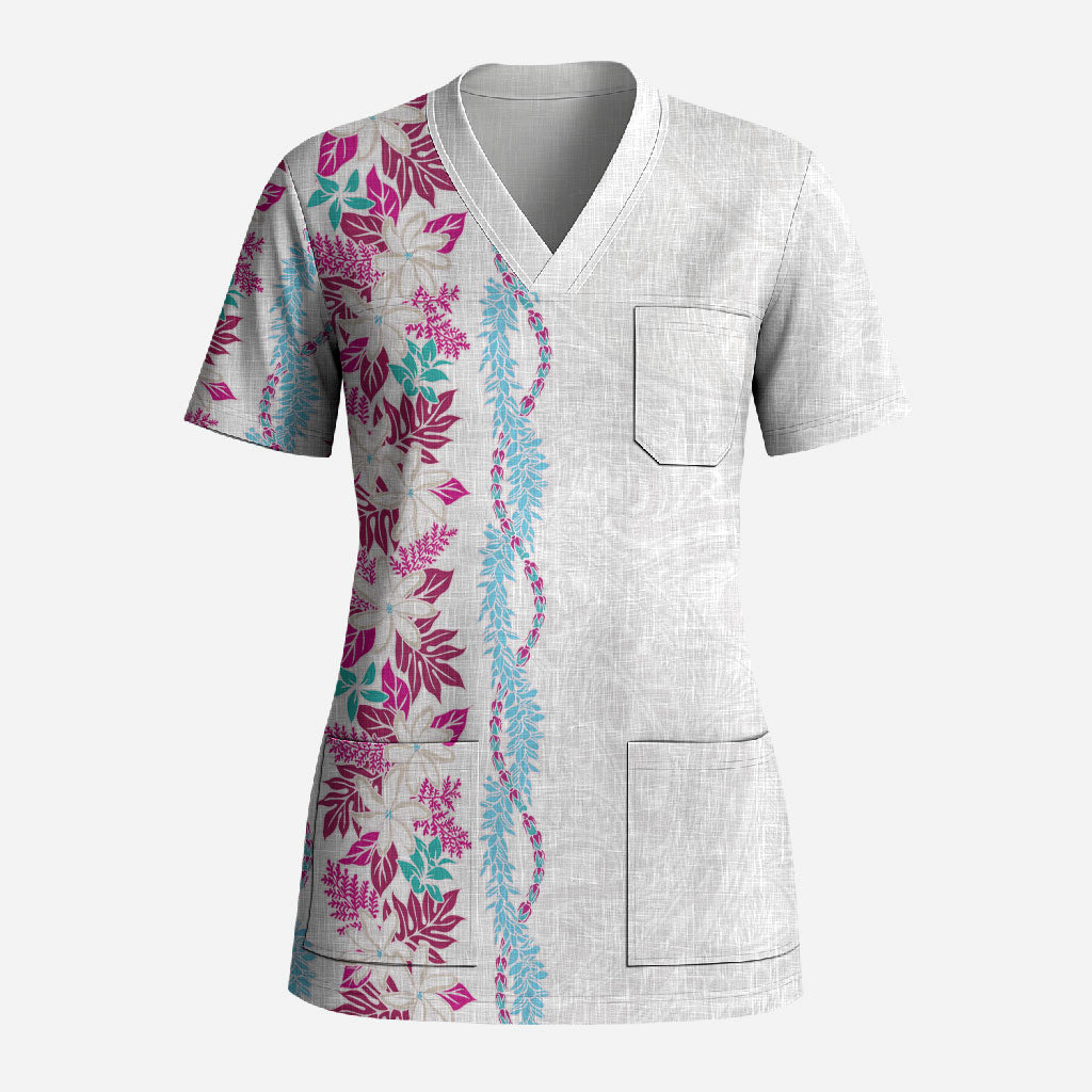 Monstera Tiare Plumeria Scrub Top Pink Polynesian Pattern LT01 Adult Pink - Polynesian Pride