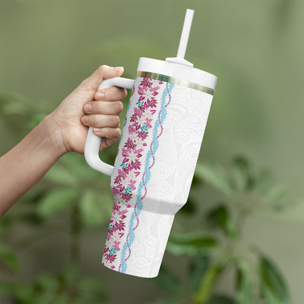 Monstera Tiare Plumeria Tumbler With Handle Pink Polynesian Pattern LT01 - Polynesian Pride