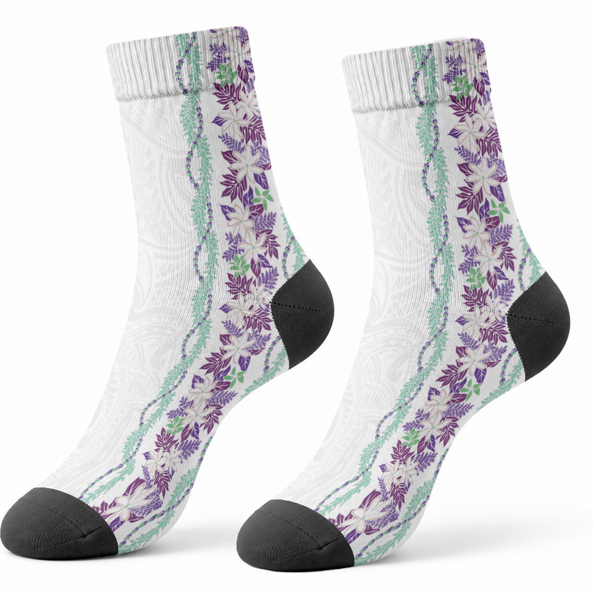Monstera Tiare Plumeria Crew Socks Purple Polynesian Pattern
