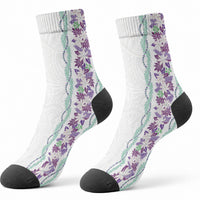 Monstera Tiare Plumeria Crew Socks Purple Polynesian Pattern