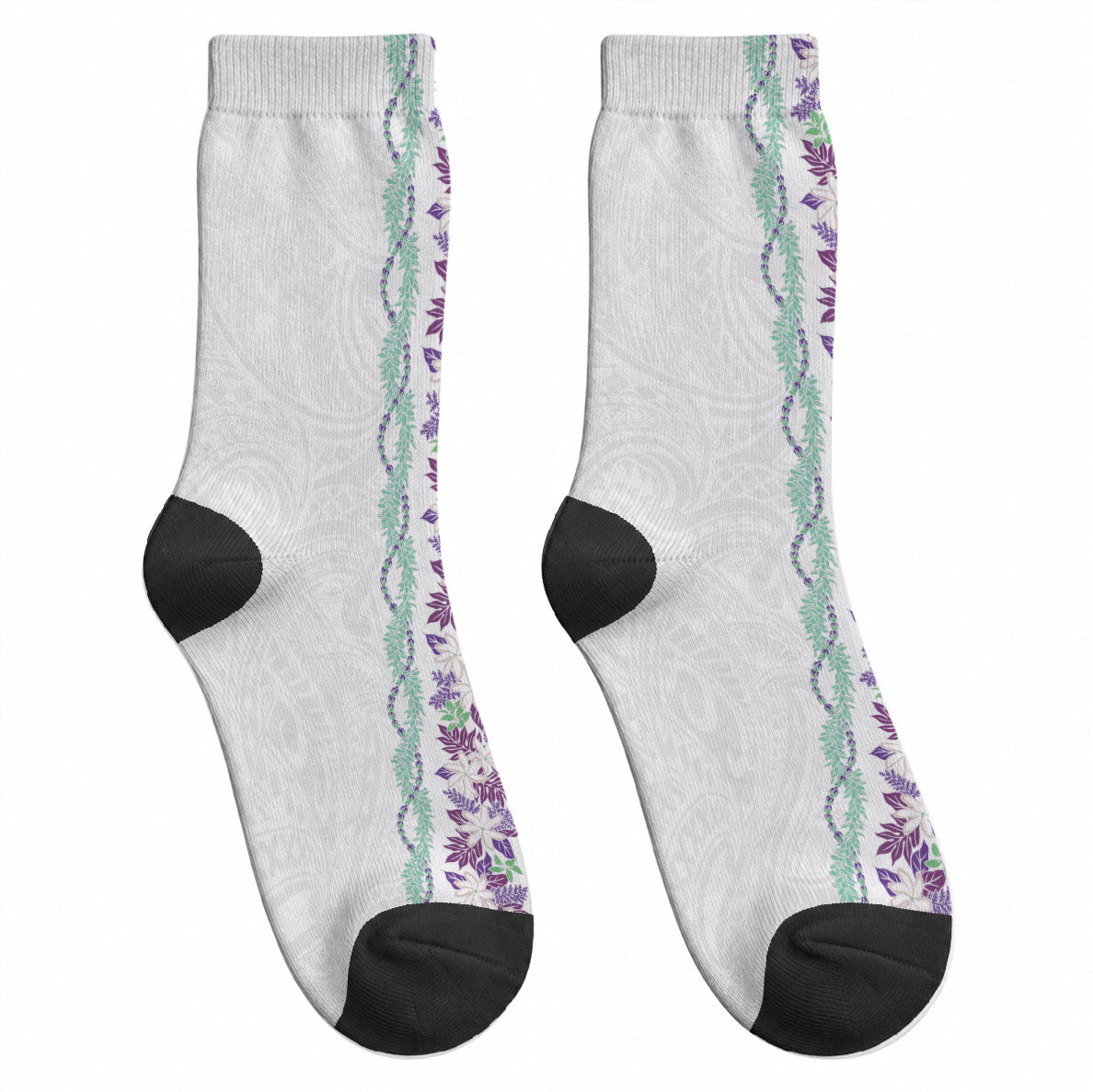 Monstera Tiare Plumeria Crew Socks Purple Polynesian Pattern