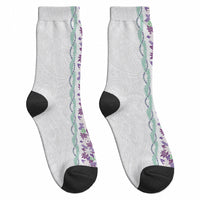 Monstera Tiare Plumeria Crew Socks Purple Polynesian Pattern