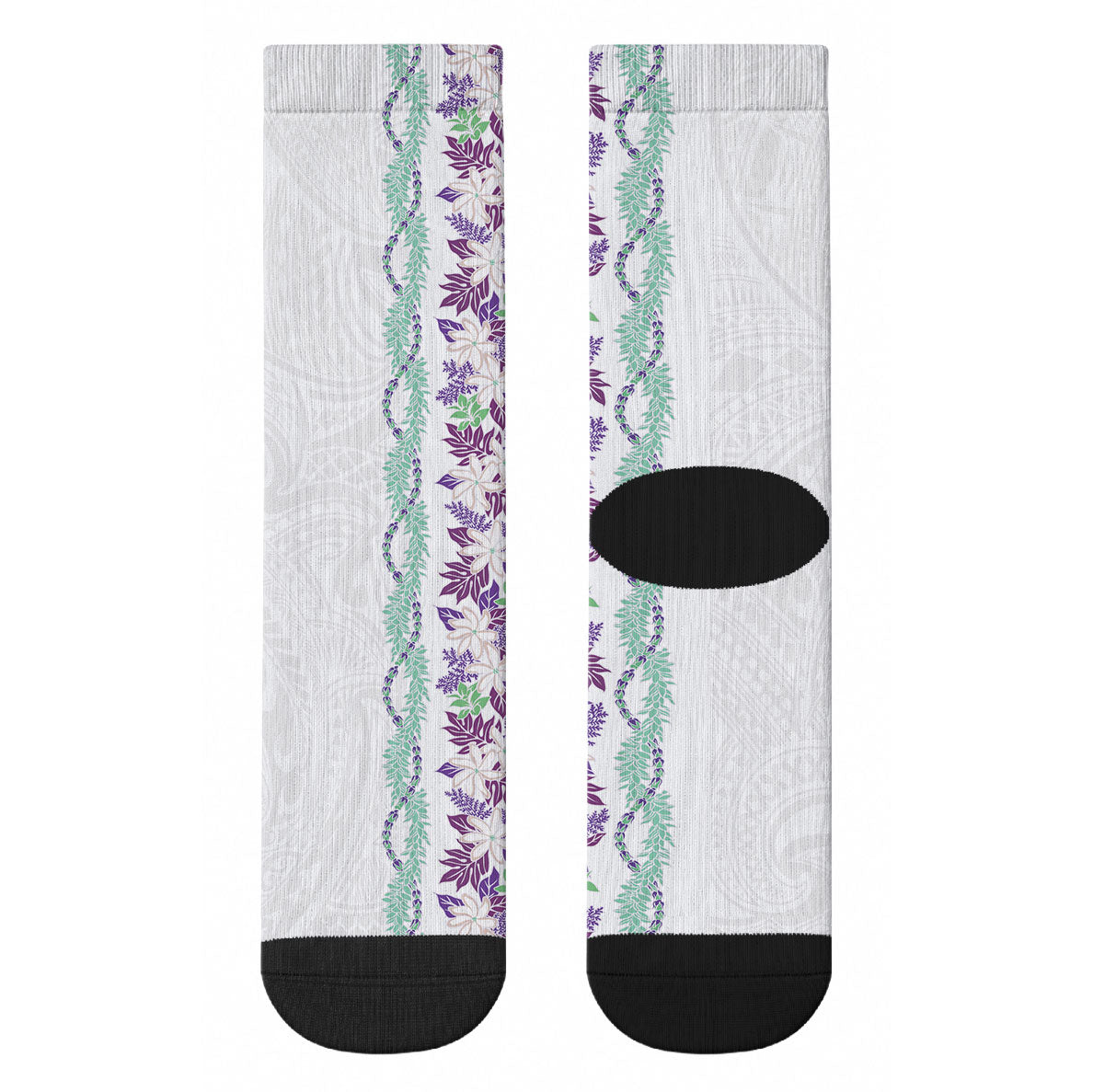 Monstera Tiare Plumeria Crew Socks Purple Polynesian Pattern