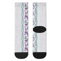 Monstera Tiare Plumeria Crew Socks Purple Polynesian Pattern
