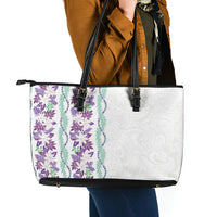 Monstera Tiare Plumeria Leather Tote Bag Purple Polynesian Pattern LT01 - Polynesian Pride