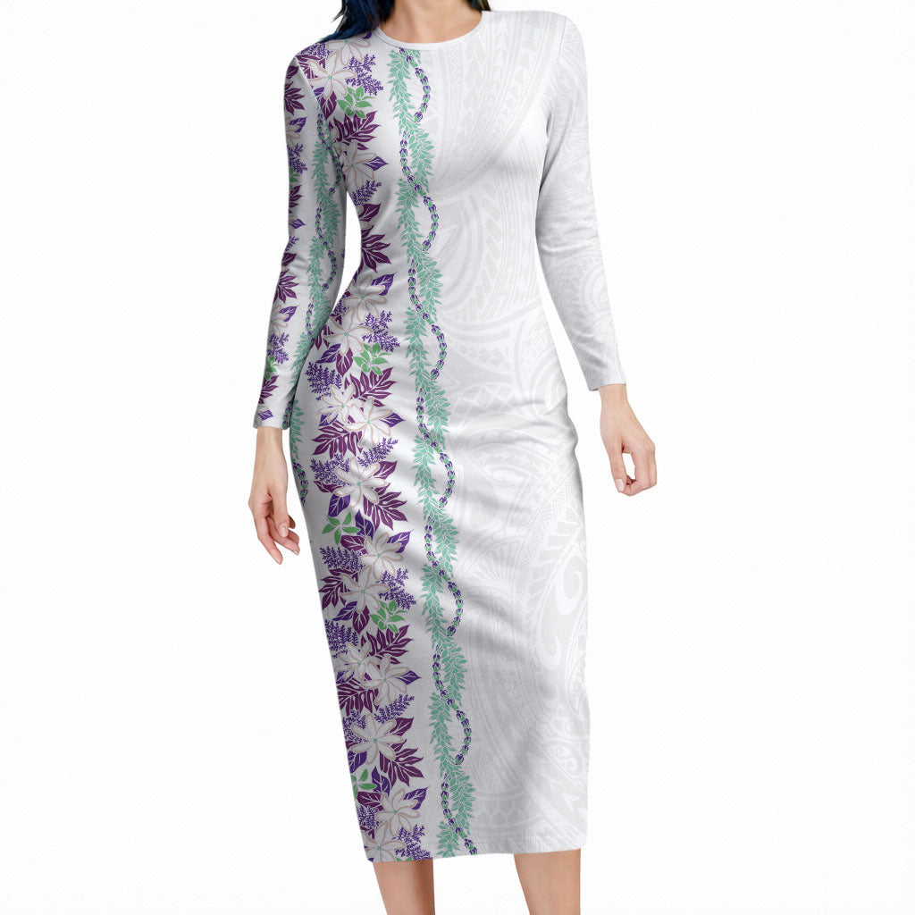 Monstera Tiare Plumeria Long Sleeve Bodycon Dress Purple Polynesian Pattern LT01 Long Dress Purple - Polynesian Pride