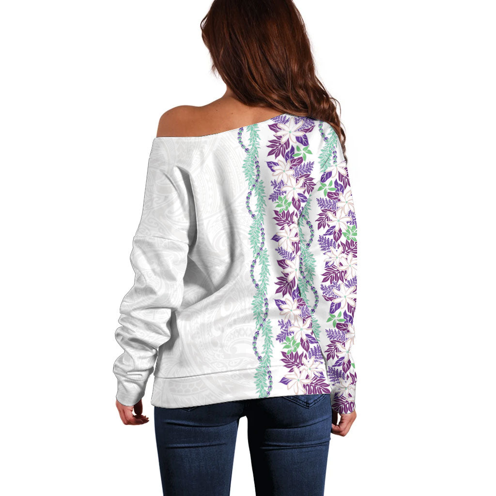 Monstera Tiare Plumeria Off Shoulder Sweater Purple Polynesian Pattern LT01 - Polynesian Pride