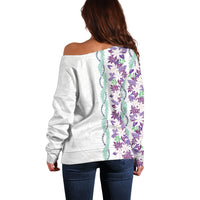 Monstera Tiare Plumeria Off Shoulder Sweater Purple Polynesian Pattern LT01 - Polynesian Pride