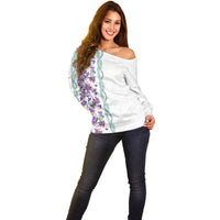 Monstera Tiare Plumeria Off Shoulder Sweater Purple Polynesian Pattern LT01 - Polynesian Pride