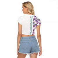 Monstera Tiare Plumeria Raglan Cropped T Shirt Purple Polynesian Pattern LT01 - Polynesian Pride